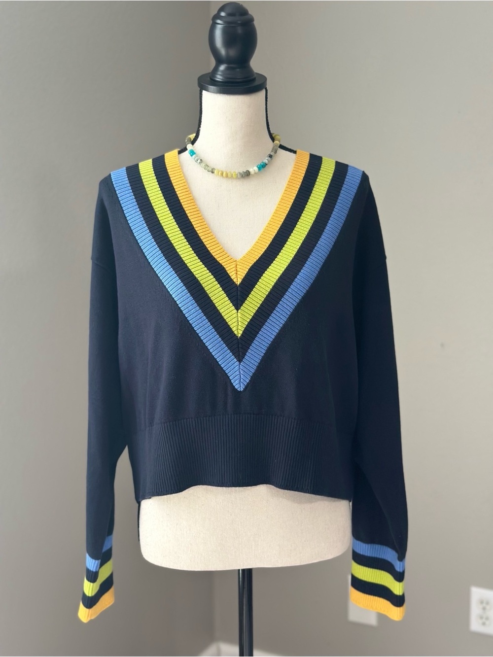 Tommy Hilfiger Navy Varsity Academia V-Neck Sweater Blue Yellow Preppy Stripes
